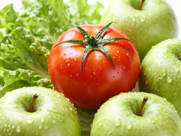 Vibrant close-up of a perfectly ripe tomato, crisp lettuce, and shiny green apples, with water droplets, bright natural morning light, high-key depth of field.