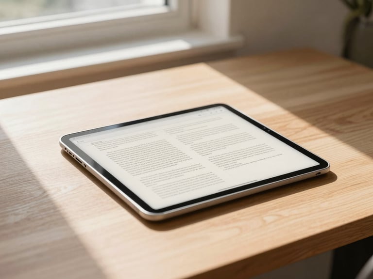 A clean, minimalist workspace with a tablet displaying highly structured text documents, warm morning light casting geometric shadows on a wooden desk, 35mm