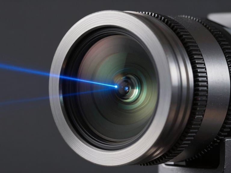 Cross-section of high-precision optical lenses catching a crisp blue laser refraction, sterile high-contrast studio lighting.