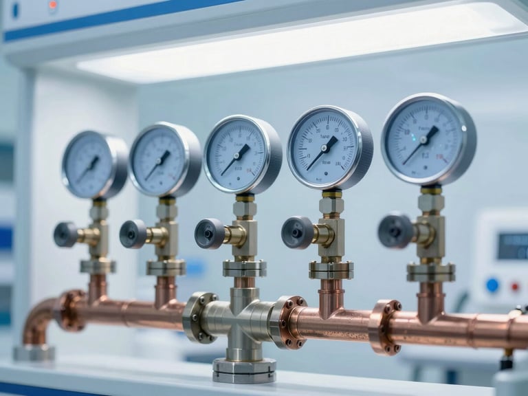 Engineered medical gas pipeline manifold with copper pipes and digital pressure gauges, sterile clinical laboratory lighting, cool blue tones