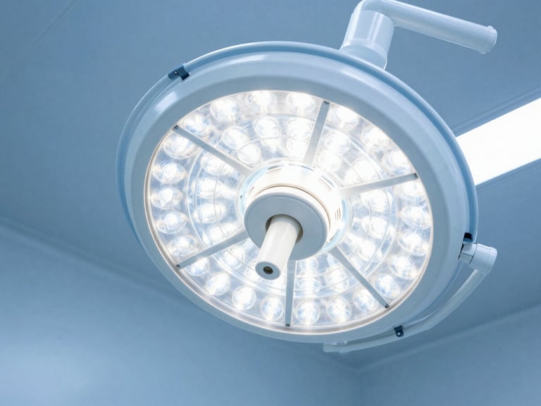 Close-up of a sterile modular operating theatre ceiling with laminar airflow ventilation and surgical lighting, cool blue tones, sharp focus