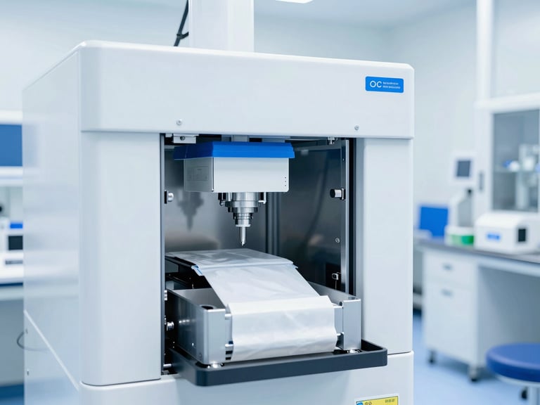 A high-tech cleanroom manufacturing facility with automated packaging machinery for sterile medical devices, bright white lighting, clinical blue accents