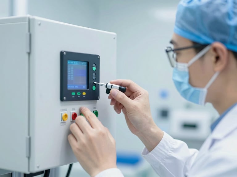 A certified medical engineer in cleanroom attire inspecting a digital control panel of a medical gas system, sharp macro focus, high-key lighting