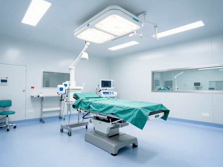 Wide-angle architectural shot of a finished modular operation theatre in a corporate hospital, sterile teal accents, pristine cleanroom environment, bright high-key medical photography
