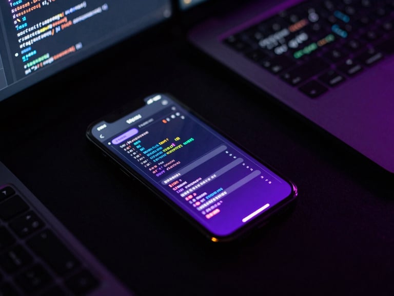 Top-down view of a dark workspace, mobile screen showing a detailed UI schematic with violet glow, code blocks on a secondary monitor, shallow depth of field.