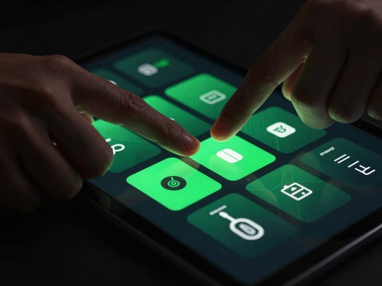 Hands interacting with a premium Android tablet, screen displaying a complex, dark-themed app layout with emerald green accents, extreme close-up of fingers on screen.