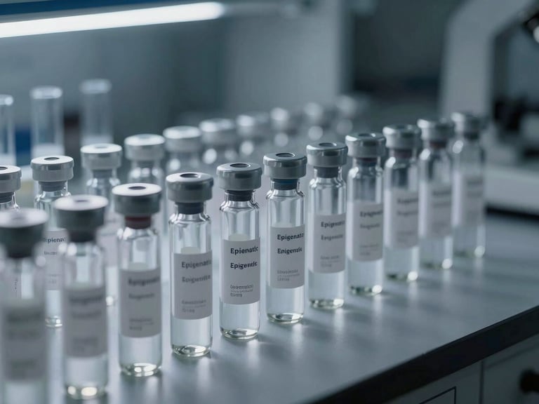 Vials of epigenetic testing kits in a cool-toned, sterile laboratory setting, sharp focus on glass tubes with high-contrast technical lighting, 35mm lens.