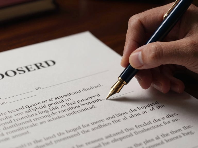 Authoritative close-up of a fountain pen signing a complex legal contract on a dark mahogany table, dramatic low-key lighting, sharp focus on the metallic nib, gold accents, cinematic editorial photography, 35mm