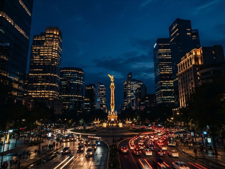 Wide panoramic low-angle shot of Paseo de la Reforma skyscrapers in Mexico City during the blue hour, dramatic low-key lighting, deep navy and gold tones, cinematic editorial photography, sharp focus
