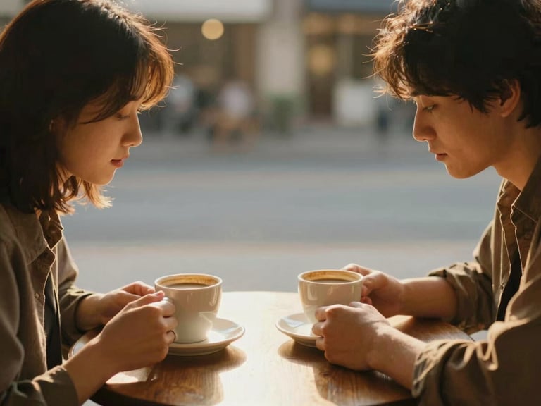 A candid medium-close shot of two people sitting side-by-side at a wooden table in warm golden-hour light, sharing a quiet moment of focus over coffee cups, soft focus background, 35mm.