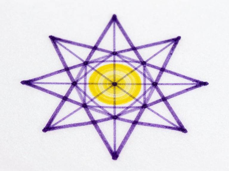Primer plano de geometría sagrada en pintura visionaria, líneas precisas, colores violetas profundos, luz natural, fondo blanco.