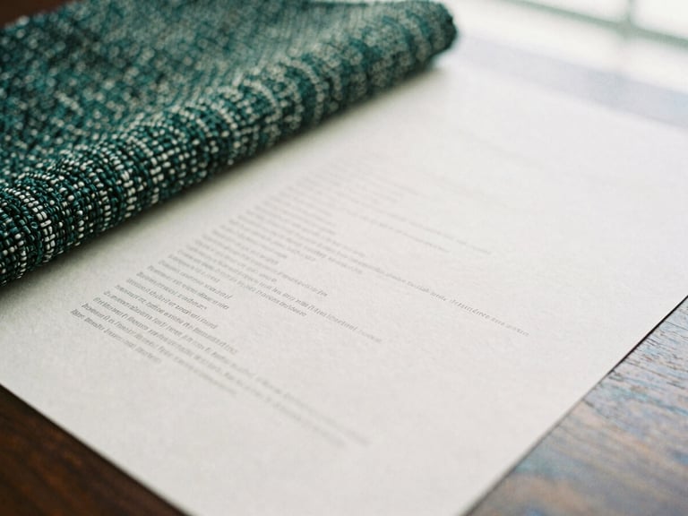 Close-up of tactile woven tweed fabric and heavy textured paper brand guidelines on a dark oak table, soft window light, shallow depth of field