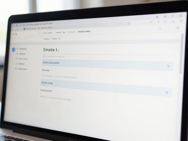 Close-up of a computer monitor showing a clean email automation workflow interface, bright daylight lighting.