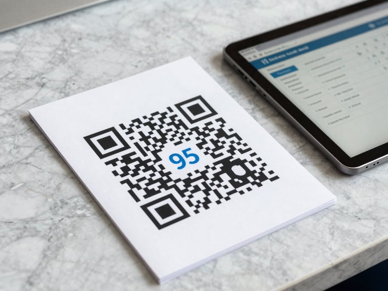 A printed QR code on a professional flyer sitting on a marble desk next to a tablet displaying a lead tracking dashboard.