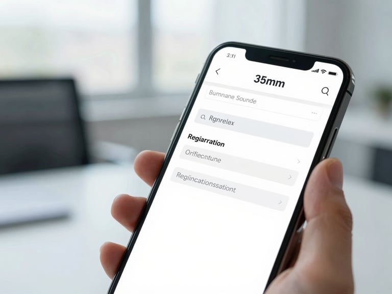 Close-up of a smartphone displaying a clean, professional registration form, held by a person in a bright office, shallow depth of field.