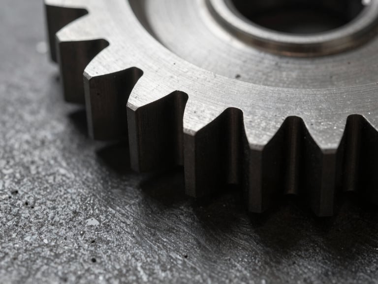 Macro shot of a laser-cut stainless steel gear edge, showing clean metallic texture and sharp corners, dramatic workshop shadows, 35mm