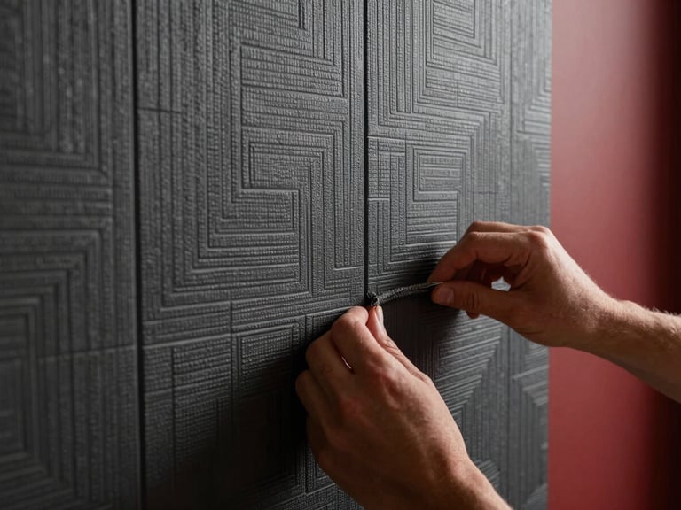 Close-up of luxury textured geometric wallpaper being meticulously aligned on a flat wall, hands of a craftsman smoothing the seam, dramatic side lighting, sharp focus, 35mm lens