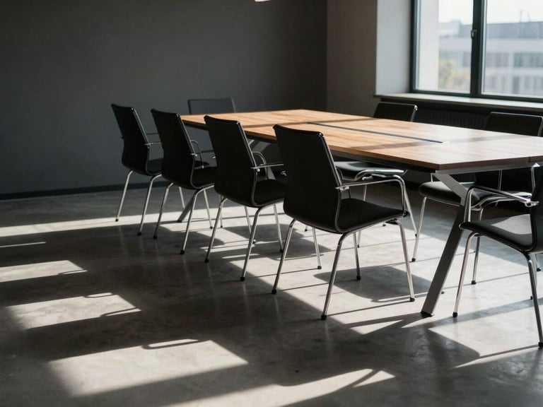 Sunlit modern boardroom with empty chairs, long shadows stretching across the floor, high contrast, editorial photography.