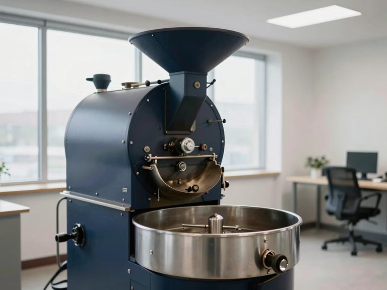 Clean industrial coffee roasting facility interior, soft natural light, metallic silver accents, professional composition