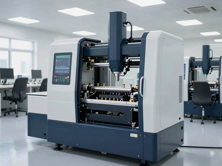 A clean high-tech manufacturing facility floor with precise automated machinery, professional setting, 35mm