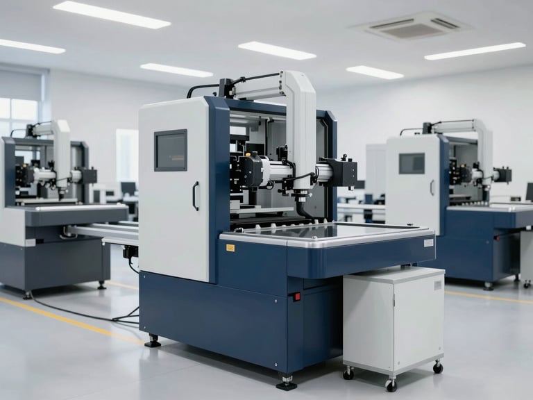 Modern clean manufacturing floor with automated machinery, bright crisp lighting, professional industrial photography