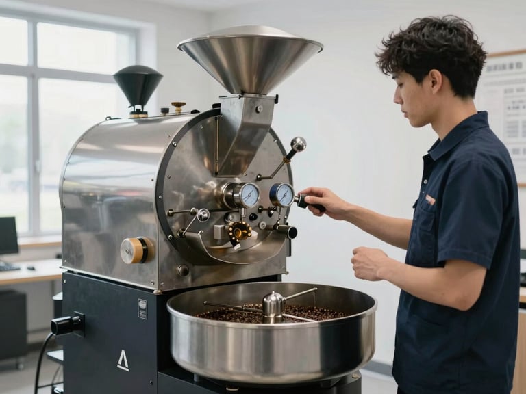 Professional coffee roasting facility, stainless steel machinery, a worker checking roasting metrics, 35mm