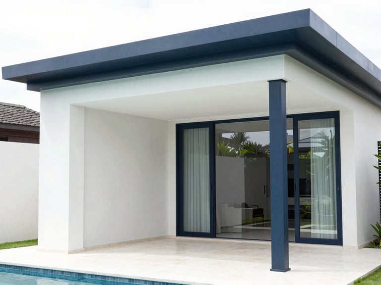 Architectural shot of a modern luxury villa pavilion in Bali, clean lines, bright natural daylight, cool desaturated tones