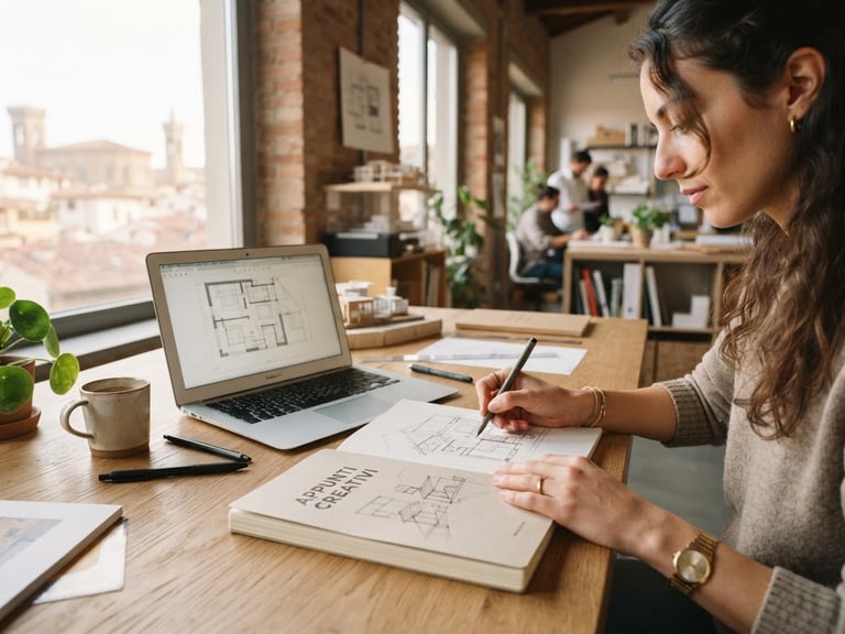Bright editorial photography of a modern Italian workspace, soft natural daylight, clean desk with a laptop displaying a minimalist layout, hands sketching on a notebook, warm creative tones, 35mm lens