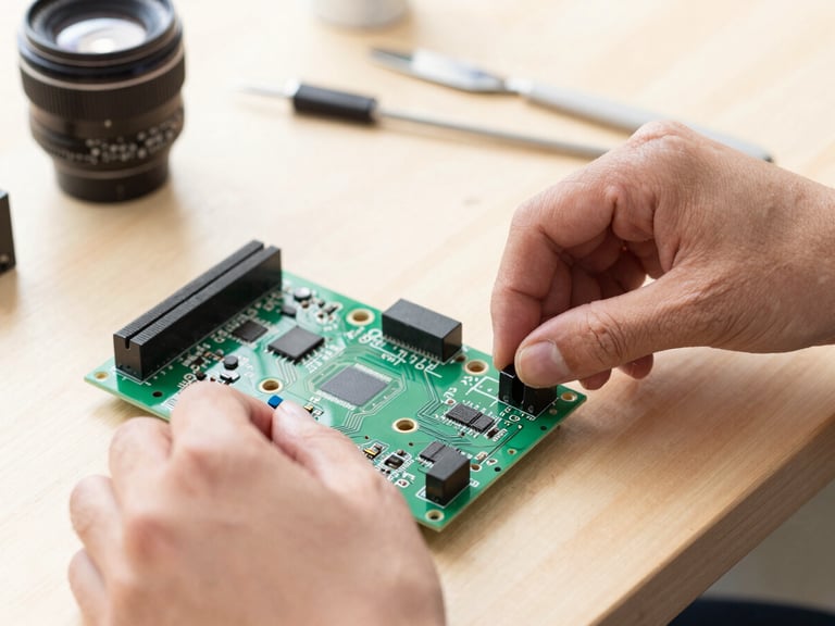 Crisp industrial photography of hands assembling an electronic circuit board on a wooden workbench, bright natural workshop light, high-contrast, 35mm lens.