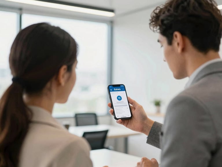 Real estate agent showing Estao.app on smartphone to a colleague in a modern office, bright natural daylight