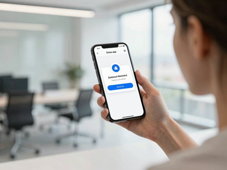 Over-the-shoulder shot of a real estate agent using Estao.app on a smartphone, showing a notification of successful data synchronization, blurred modern office in background, clean lighting.