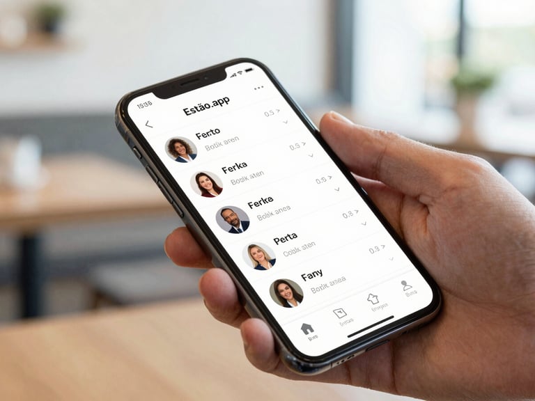 Close-up of Estao.app interface on a mobile phone, displaying client profiles and property matching features, agent's thumb scrolling, modern cafe setting, soft lighting.