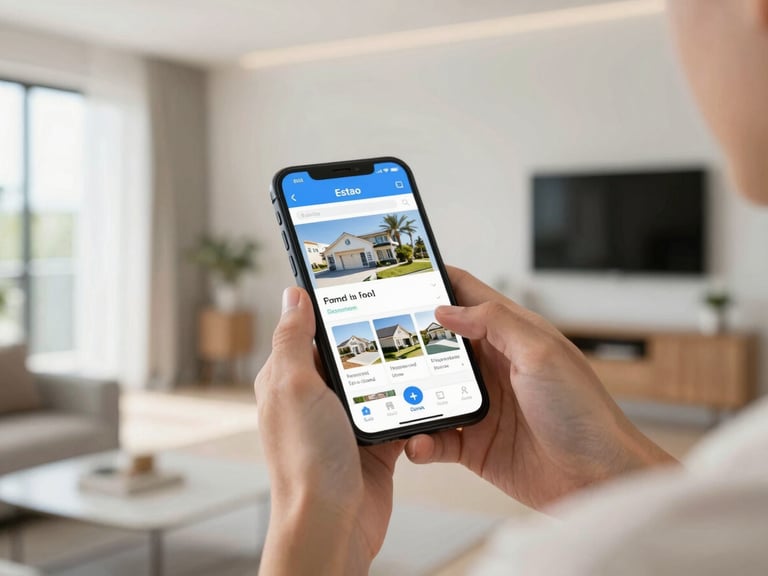 Real estate agent's hands holding a smartphone, showing the Estao.app interface for adding property photos and details, bright modern apartment background, natural daylight.