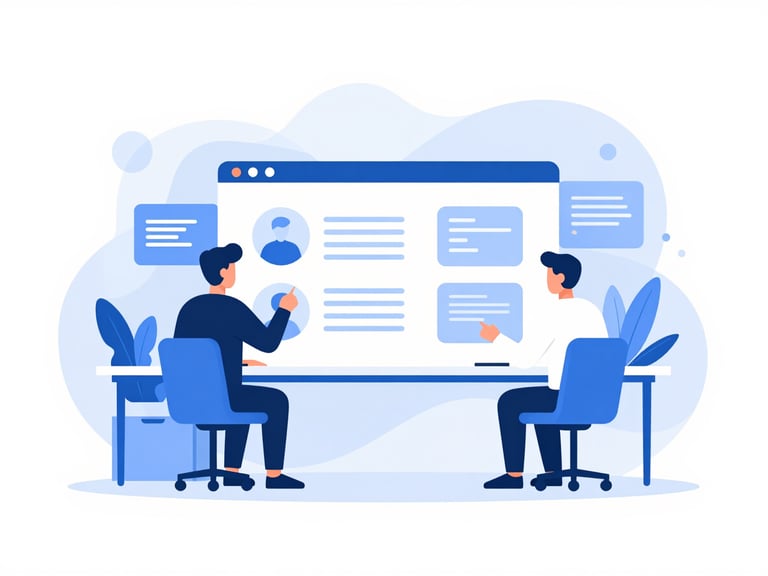 Clean vector illustration of developers collaborating over a modular digital interface, sharp geometric lines, blue and white palette, professional minimalist style