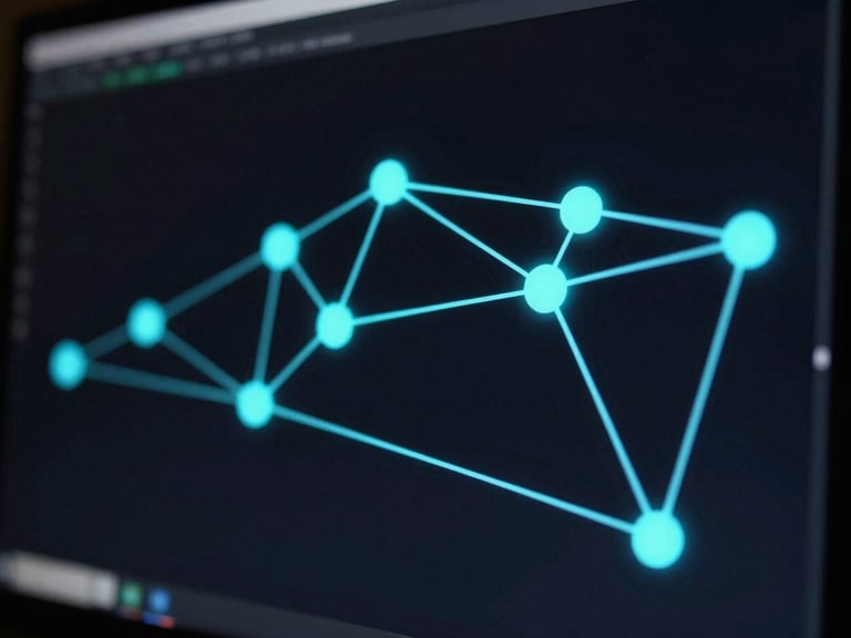 High-contrast data visualization on a dark monitor, glowing neon cyan network nodes and connections, shallow depth of field
