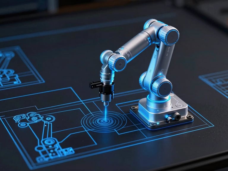 Detailed technical blueprint of an automated robotic arm on a dark screen with electric blue vector lines, macro perspective