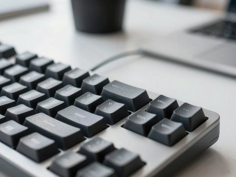 Macro close-up of a mechanical keyboard and a clean desk setup in a London office, sharp contrast, cool daylight, 35mm lens