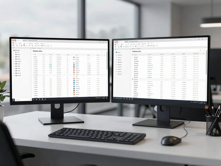 Modern clean workspace with dual monitor setup showing clean data dashboards, cool overcast daylight, desaturated tones, 35mm lens