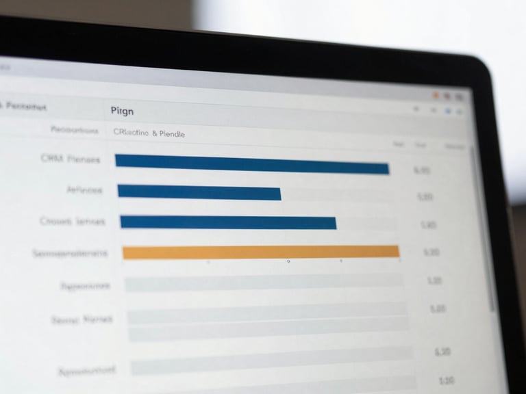 Macro high-contrast shot of a CRM dashboard displaying pipeline metrics on a clean dark monitor, cool overcast daylight, desaturated tones, 35mm lens