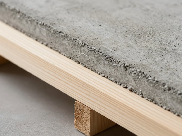 Tactile close-up of premium building materials, focusing on poured concrete meets original pine timber, soft natural side lighting, clean architectural detail.
