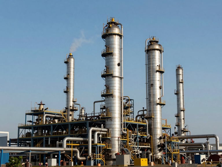 Stark daylight wide shot of a massive oil refinery with steel towers and piping, steam venting slightly, sharp focus on industrial infrastructure, blue sky.