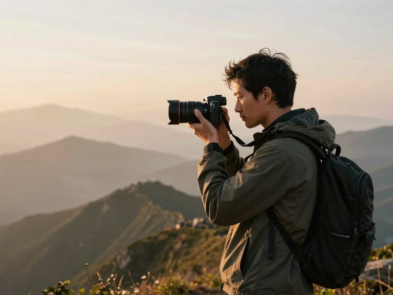 A creator holding a modern mirrorless camera, standing on a misty mountain ridge at golden hour, warm editorial photography, shallow depth of field, 35mm film look.