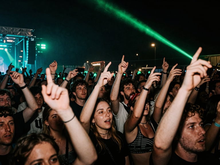 Gritty wide-angle flash photograph of a packed UK music festival crowd at night, hands in the air, glowing neon green and cyan stage lights, high contrast.