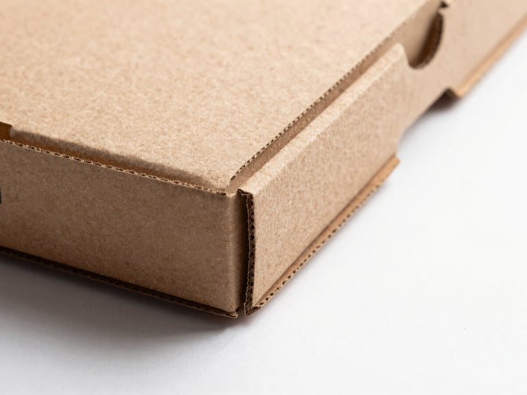 Close-up overhead studio shot of a pizza box corner showing print edge detail, ink density consistency, and material board weight, clean white background, side-lit to reveal surface texture and print fidelity