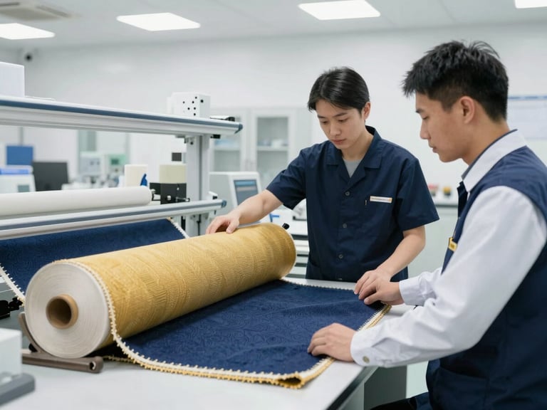A brightly lit modern textile quality control laboratory, a professional inspector examining a roll of woven fabric, clean industrial environment, sharp corporate photography, bright natural daylight, deep navy accents, 35mm