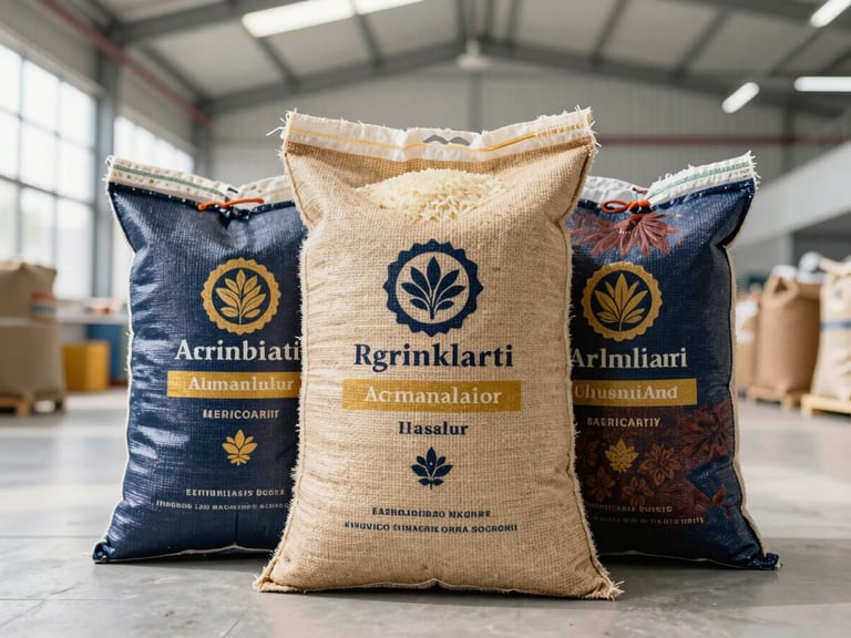 Macro shot of premium agricultural exports, including basmati rice and spices in bulk burlap packaging inside a clean, modern warehouse, bright natural daylight, 35mm