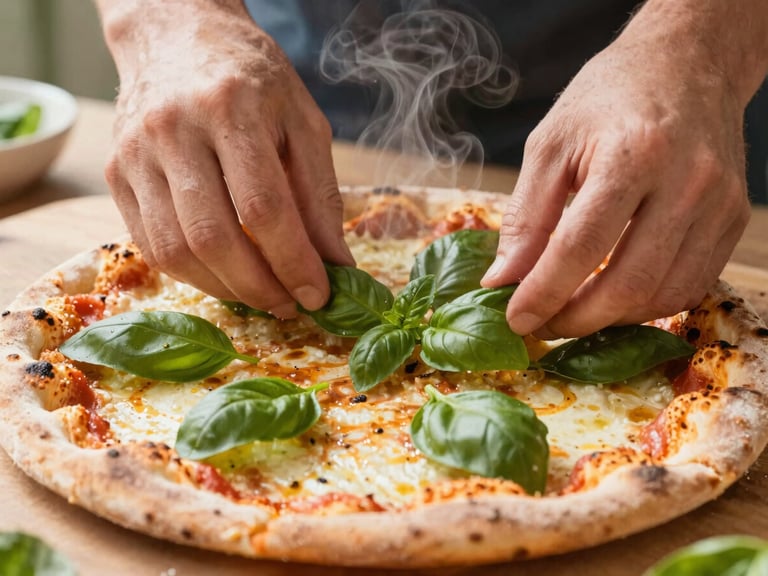 Close-up of hands arranging fresh basil leaves on a rustic homemade pizza, warm natural morning light, steam rising slightly, shallow depth of field