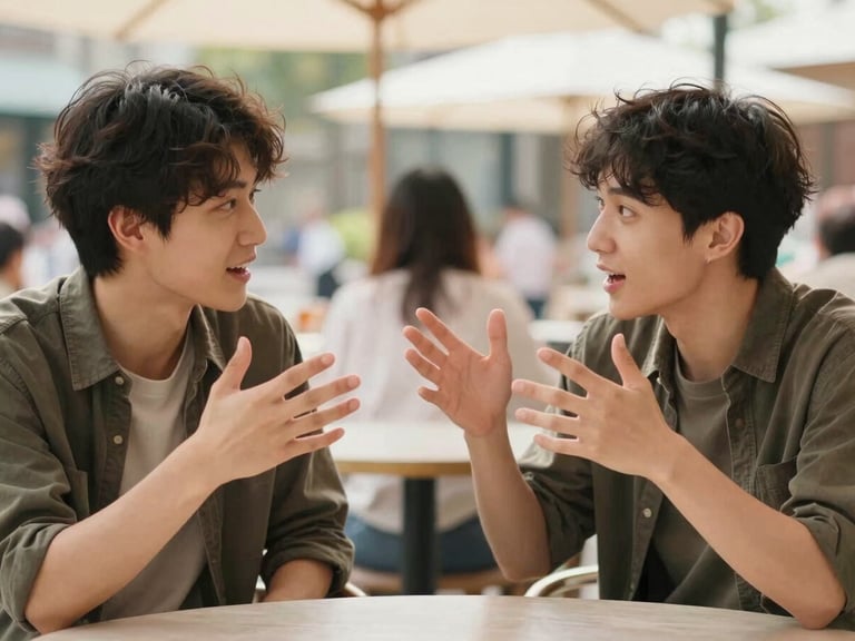 Warm editorial photograph of two young adults sitting in an outdoor cafe, talking animatedly with expressive hand gestures, bright natural daylight, soft focus background