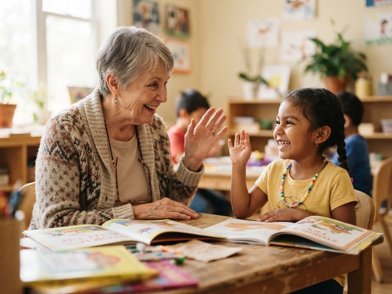 A warm, bright classroom scene where an older adult and a young child are smiling and communicating using expressive hand gestures, natural daylight, shallow depth of field.