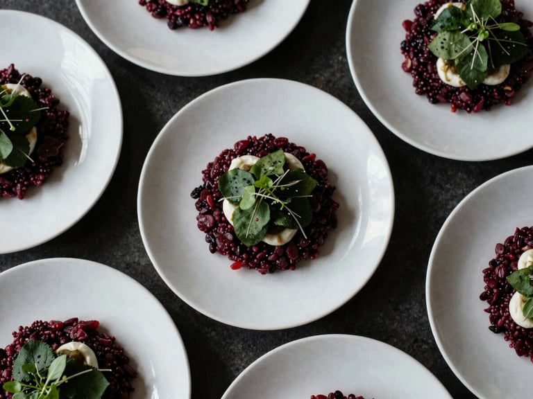 Overhead flat-lay of beautifully plated Scandinavian-style food, soft natural side-light, deep red and forest green tones, shallow depth of field, 35mm